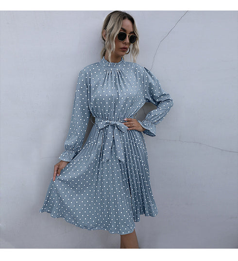 Cute Women's Spot Print Pleated Lace-up Dresses
