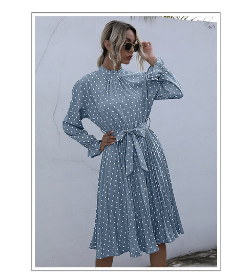 Cute Women's Spot Print Pleated Lace-up Dresses