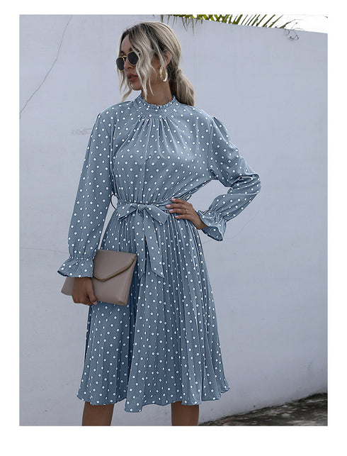 Cute Women's Spot Print Pleated Lace-up Dresses
