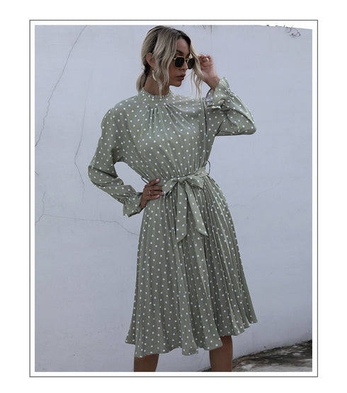 Cute Women's Spot Print Pleated Lace-up Dresses