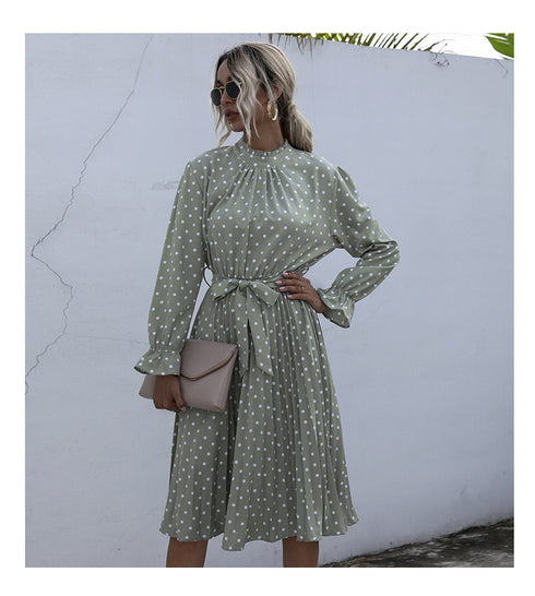 Cute Women's Spot Print Pleated Lace-up Dresses