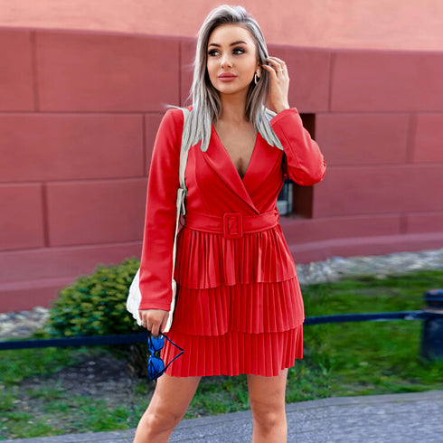 Elegant Women's Long Sleeve Pleated Medium Length Dress