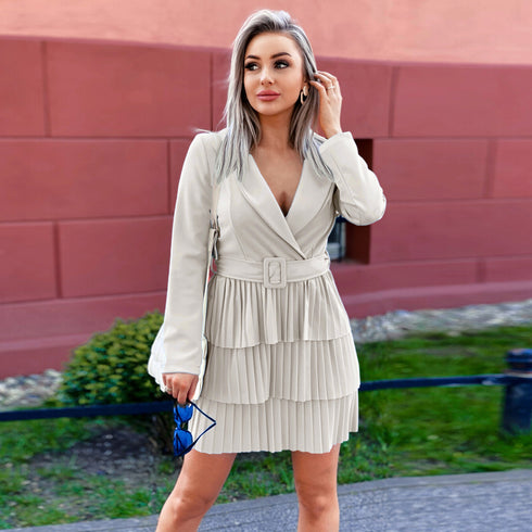 Elegant Women's Long Sleeve Pleated Medium Length Dress