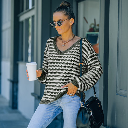 Fashion Loose Sweater Pullover V Neck Sweater Women's Knit Tops