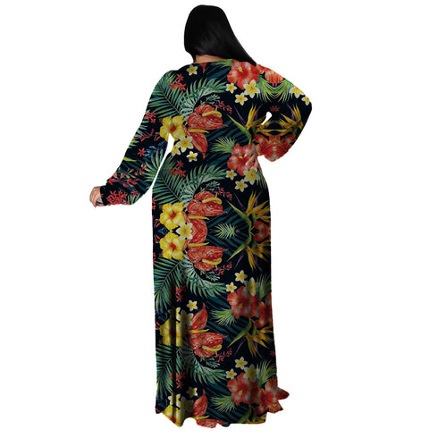 Fashion Plus Size Women's V Neck Printed Maxi Dresses