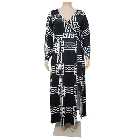 Fashion Plus Size Women's V Neck Printed Maxi Dresses