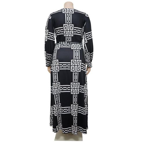 Fashion Plus Size Women's V Neck Printed Maxi Dresses