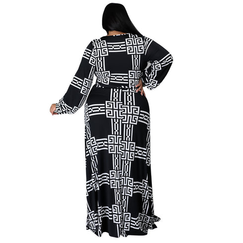 Fashion Plus Size Women's V Neck Printed Maxi Dresses
