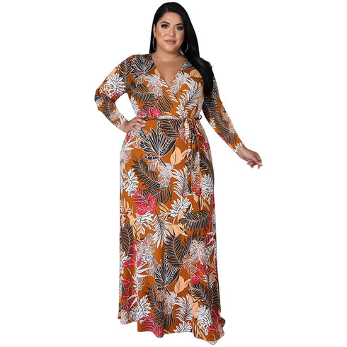 Fashion Plus Size Women's V Neck Printed Maxi Dresses