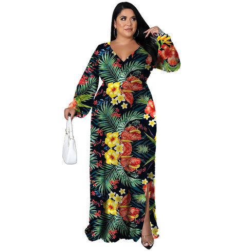 Fashion Plus Size Women's V Neck Printed Maxi Dresses