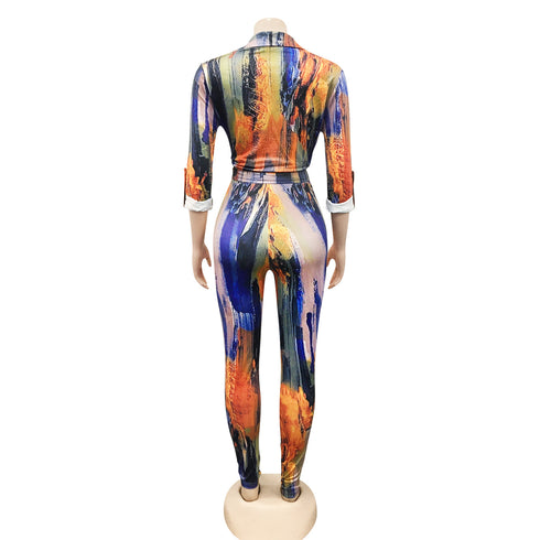 Fashion Printed Women's V-neck Two Piece Outfits