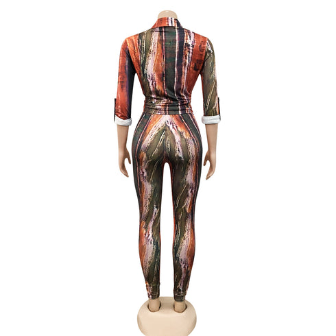 Fashion Printed Women's V-neck Two Piece Outfits