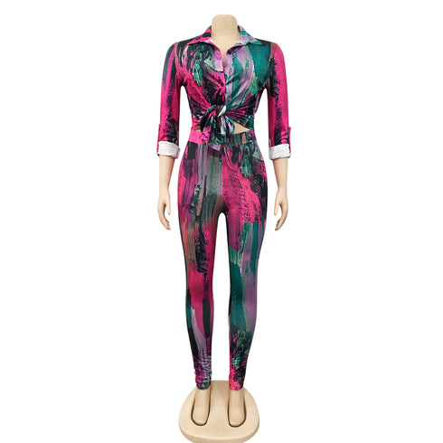 Fashion Printed Women's V-neck Two Piece Outfits