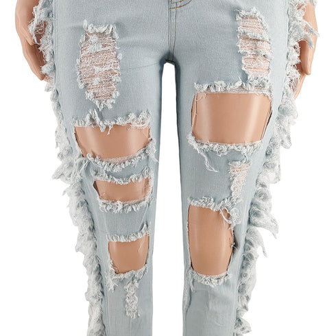 Fashion Women's Fringed Ripped Pencil Pants Jeans