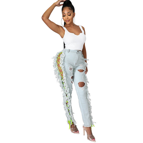 Fashion Women's Fringed Ripped Pencil Pants Jeans