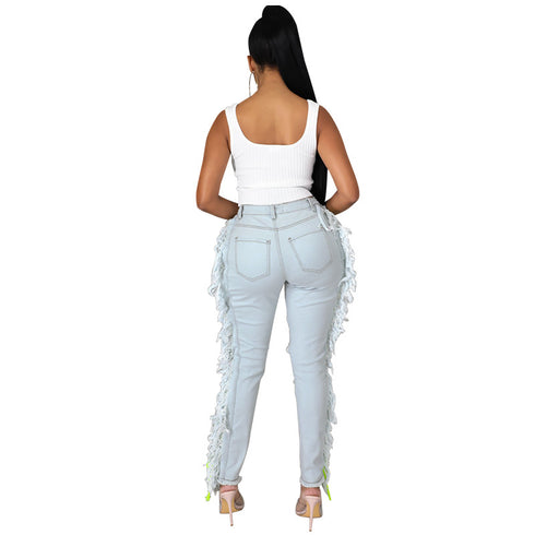 Fashion Women's Fringed Ripped Pencil Pants Jeans