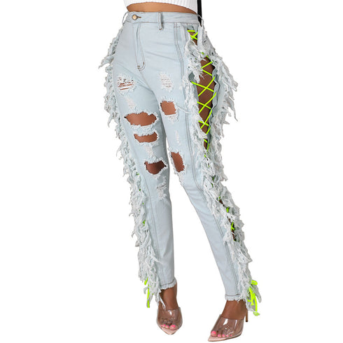 Fashion Women's Fringed Ripped Pencil Pants Jeans