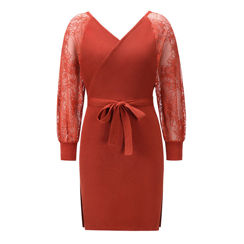 Fashion Women's Hip Wrap V Neck Sweater Dress