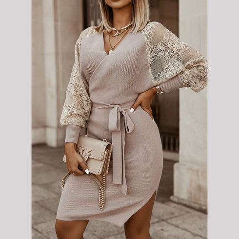 Fashion Women's Hip Wrap V Neck Sweater Dress