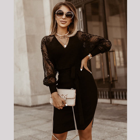 Fashion Women's Hip Wrap V Neck Sweater Dress