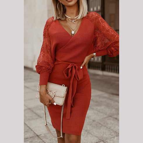 Fashion Women's Hip Wrap V Neck Sweater Dress