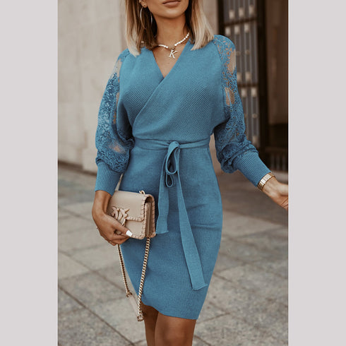 Fashion Women's Hip Wrap V Neck Sweater Dress
