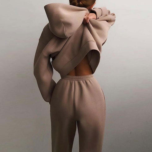 Fashion Women's Pure Color Hoodie Pants Two Piece Outfit