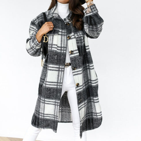 Fashionable Plus Size Women's Lapel Plaid Coat Outwear