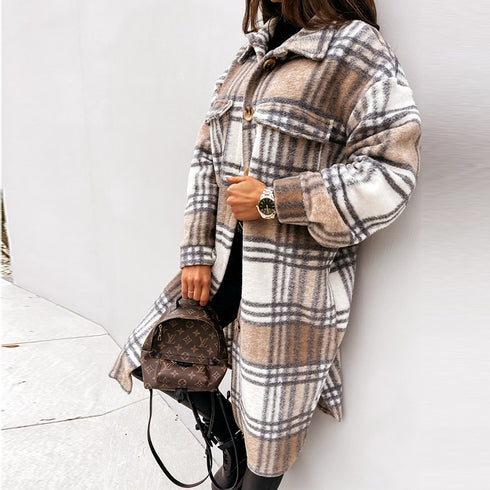 Fashionable Plus Size Women's Lapel Plaid Coat Outwear