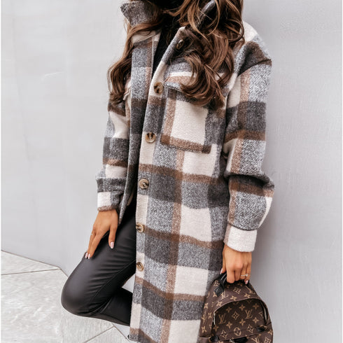 Fashionable Plus Size Women's Lapel Plaid Coat Outwear