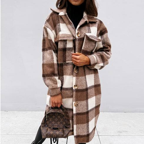 Fashionable Plus Size Women's Lapel Plaid Coat Outwear