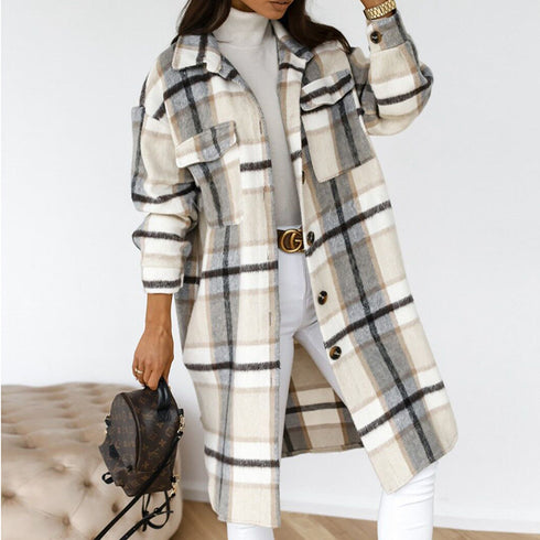 Fashionable Plus Size Women's Lapel Plaid Coat Outwear