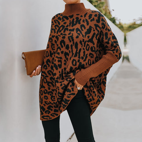 Fashionable Printed Turtleneck Sweater Women's Loose Knit