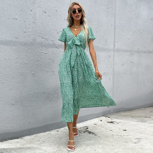 Fit Women's V-neck Floral Print Bohemian Dresses