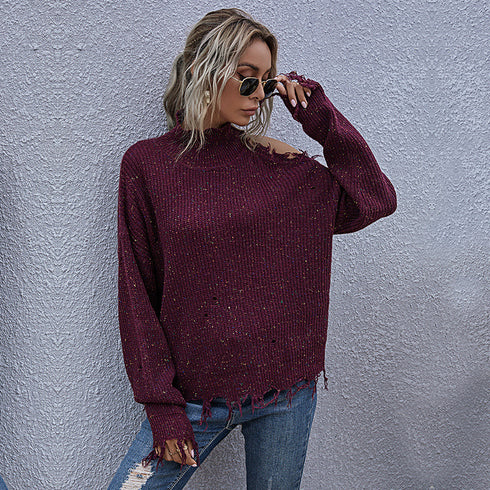 High Neck Pullover Women's Ripped Knit Sweater