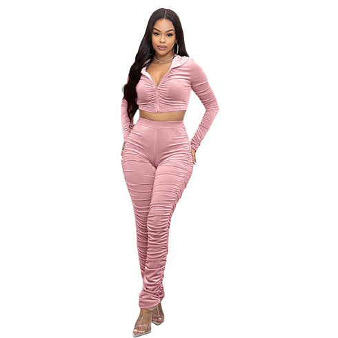 Hooded Women's Two Piece Outfits Velour Tracksuits Set