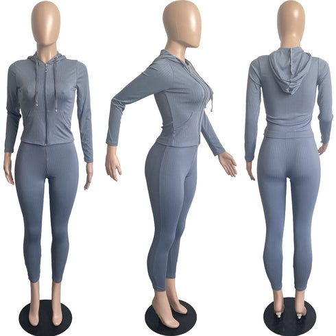 Hooded Zip Up Sportswear Women's Two Piece Outfits