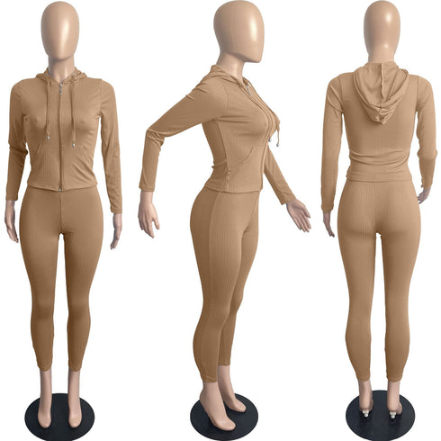 Hooded Zip Up Sportswear Women's Two Piece Outfits