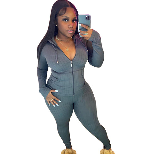Hooded Zip Up Sportswear Women's Two Piece Outfits