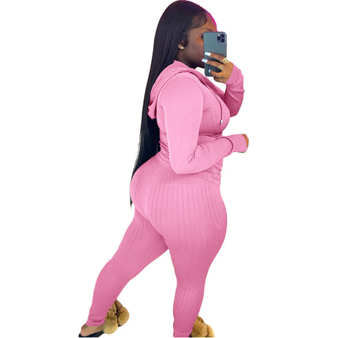 Hooded Zip Up Sportswear Women's Two Piece Outfits