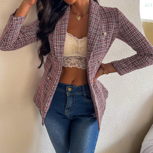 Long Sleeve Stylish Plaid Coat Women's Blazers Jackets