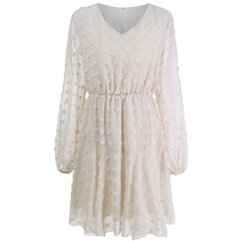 Long Sleeve V Neck High Waist Floral Chiffon Dress for Women