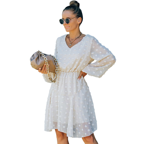 Long Sleeve V Neck High Waist Floral Chiffon Dress for Women