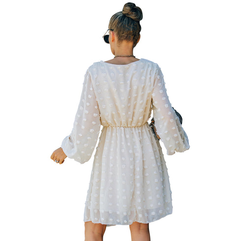 Long Sleeve V Neck High Waist Floral Chiffon Dress for Women