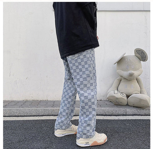 Loose Fashion Men's Plaid Denim Jeans