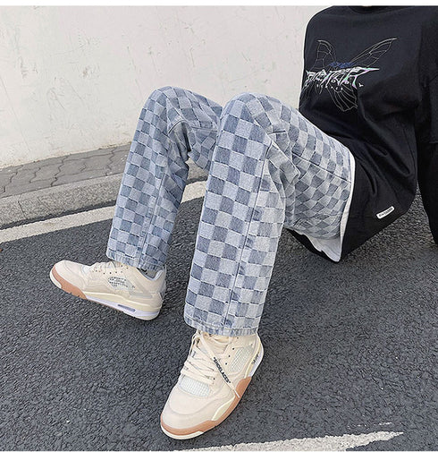 Loose Fashion Men's Plaid Denim Jeans