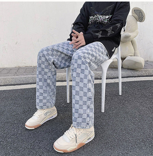 Loose Fashion Men's Plaid Denim Jeans