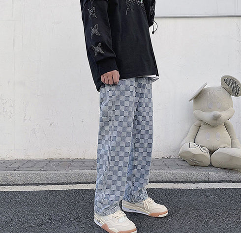 Loose Fashion Men's Plaid Denim Jeans