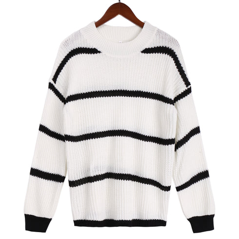 Loose Pullover Round Collar Stripe Sweater Women's Knit Tops