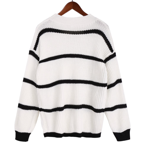 Loose Pullover Round Collar Stripe Sweater Women's Knit Tops